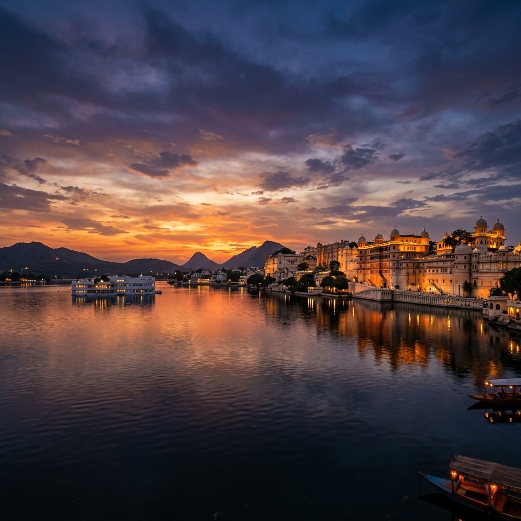 Panoramic view of Udaipur City Palace at sunset